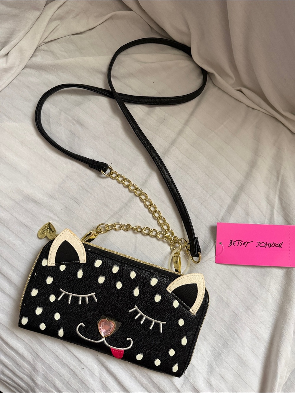 Betsey Johnson Black & Cream Cat Face Crossbody Wallet with Gold Chain